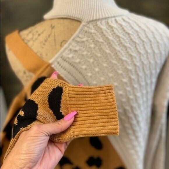 New Boho Leopard Print Sweater Women's Size Small Cream Cold Shoulder Top - Picture 6 of 10